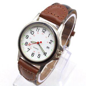 Accutime Watch Mens Silver Tone Stainless Steel Silver Tone Brown Leather Band